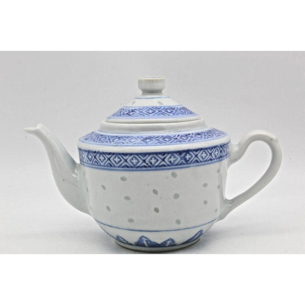 Rice Eye Grain Teapot 4 inch Chinese Porcelain Translucent Blue White Flower VTG